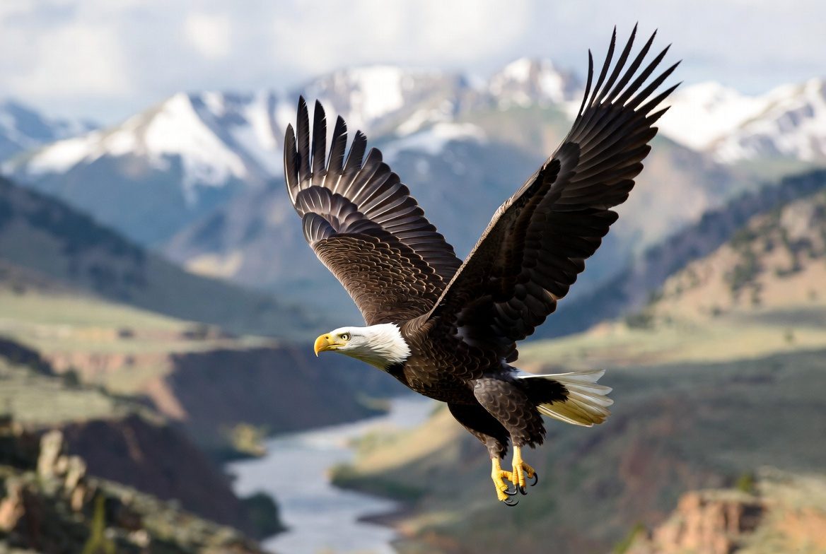A bald eagle in flight over a river valley below snow-covered Montana peaks